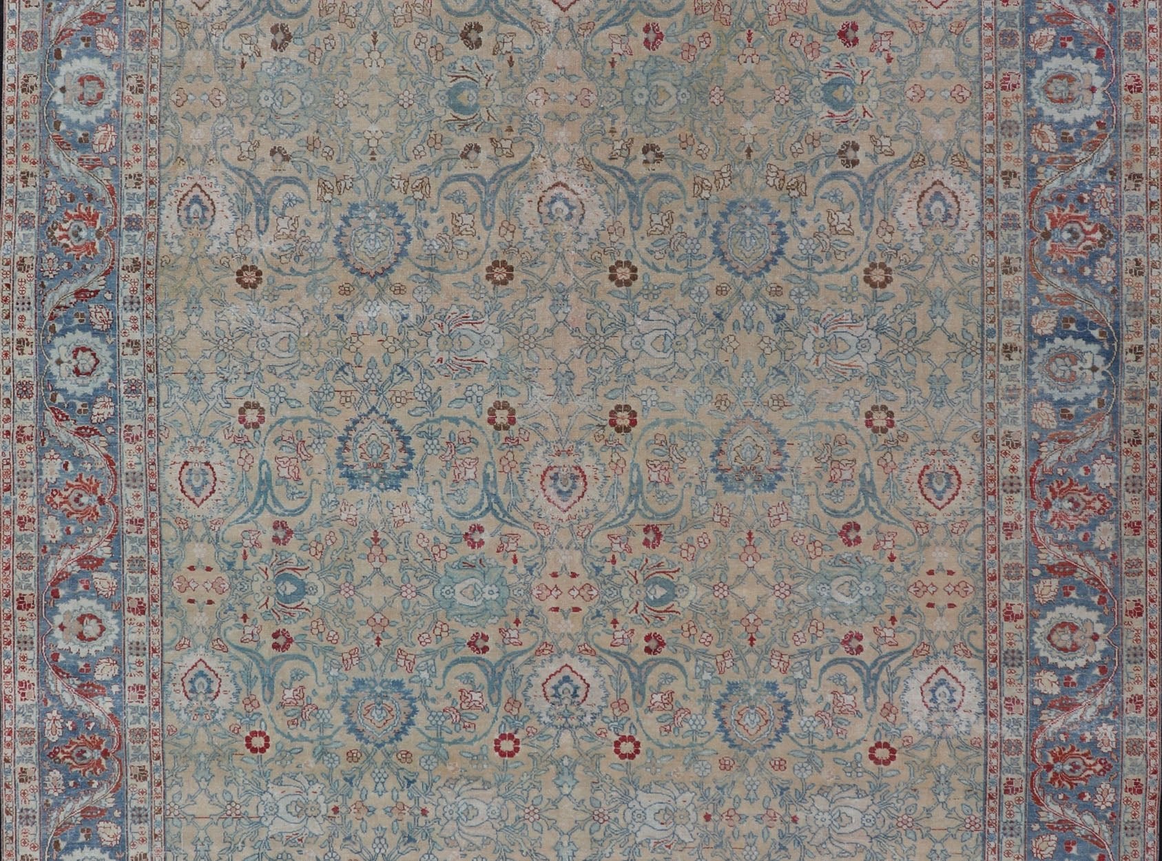 Antique Persian Khorassan Rug with Floral Design in Honey Cream & Dusty Blue. Finely woven Antique Persian Khorassan Rug with floral motifs and Vining Flowers Keivan Woven Arts rug/EMB - 9555 - P13061, origin/Iran, Circa/ 1920 Measures: 9 x ... - Keivan Woven ArtsEMB - 9555 - P13061 - 14862Rug