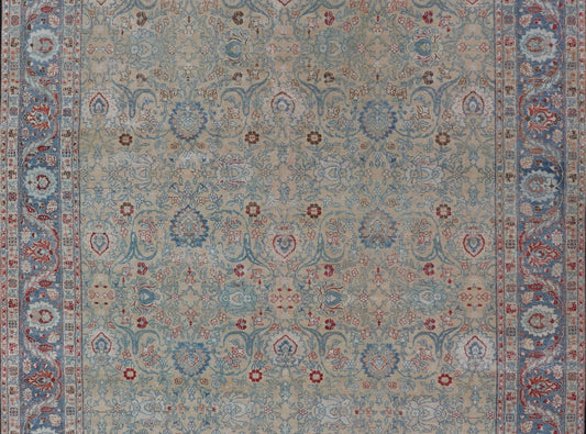 Antique Persian Khorassan Rug with Floral Design in Honey Cream & Dusty Blue. Finely woven Antique Persian Khorassan Rug with floral motifs and Vining Flowers Keivan Woven Arts rug/EMB - 9555 - P13061, origin/Iran, Circa/ 1920 Measures: 9 x ... - Keivan Woven ArtsEMB - 9555 - P13061 - 14862Rug