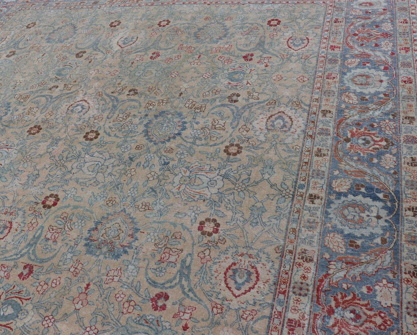 Antique Persian Khorassan Rug with Floral Design in Honey Cream & Dusty Blue. Finely woven Antique Persian Khorassan Rug with floral motifs and Vining Flowers Keivan Woven Arts rug/EMB - 9555 - P13061, origin/Iran, Circa/ 1920 Measures: 9 x ... - Keivan Woven ArtsEMB - 9555 - P13061 - 14862Rug