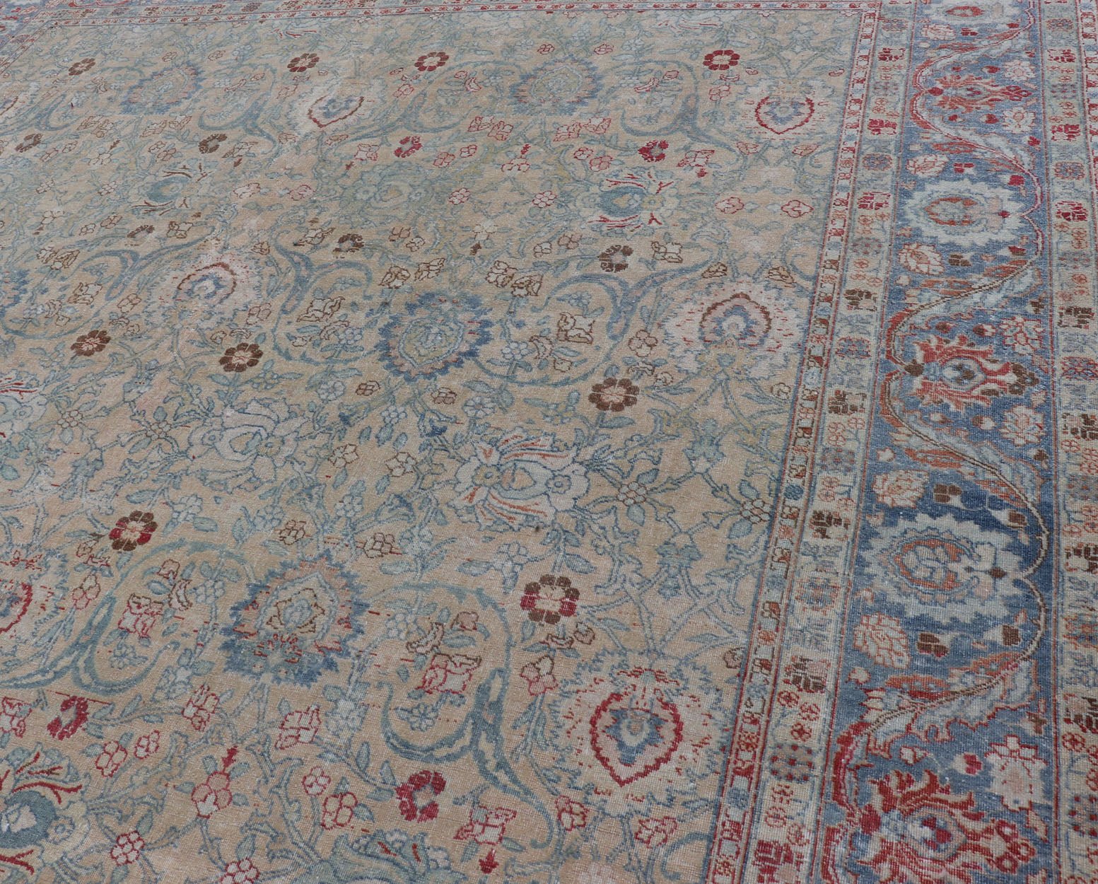 Antique Persian Khorassan Rug with Floral Design in Honey Cream & Dusty Blue. Finely woven Antique Persian Khorassan Rug with floral motifs and Vining Flowers Keivan Woven Arts rug/EMB - 9555 - P13061, origin/Iran, Circa/ 1920 Measures: 9 x ... - Keivan Woven ArtsEMB - 9555 - P13061 - 14862Rug