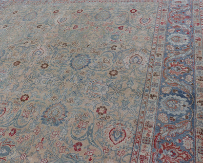 Antique Persian Khorassan Rug with Floral Design in Honey Cream & Dusty Blue. Finely woven Antique Persian Khorassan Rug with floral motifs and Vining Flowers Keivan Woven Arts rug/EMB - 9555 - P13061, origin/Iran, Circa/ 1920 Measures: 9 x ... - Keivan Woven ArtsEMB - 9555 - P13061 - 14862Rug