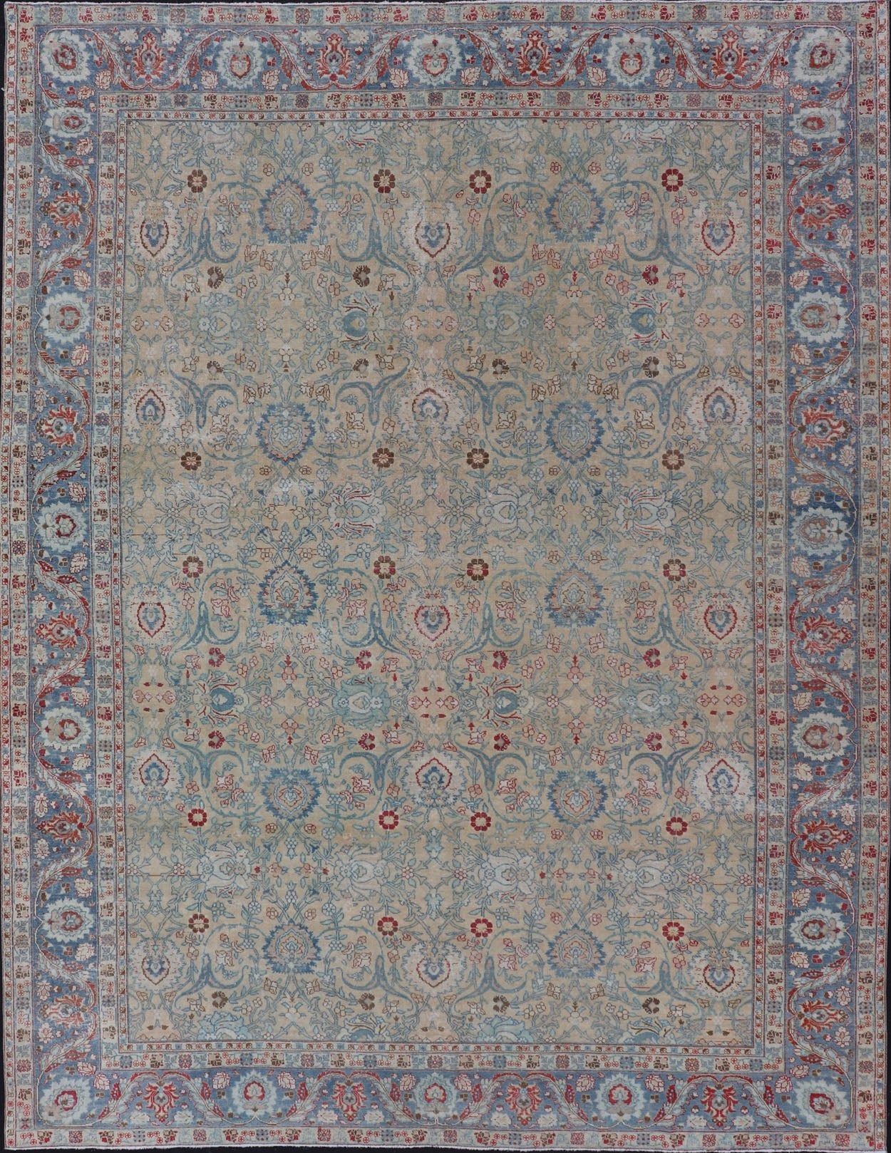 Antique Persian Khorassan Rug with Floral Design in Honey Cream & Dusty Blue. Finely woven Antique Persian Khorassan Rug with floral motifs and Vining Flowers Keivan Woven Arts rug/EMB - 9555 - P13061, origin/Iran, Circa/ 1920 Measures: 9 x ... - Keivan Woven ArtsEMB - 9555 - P13061 - 14862Rug