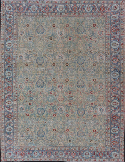 Antique Persian Khorassan Rug with Floral Design in Honey Cream & Dusty Blue. Finely woven Antique Persian Khorassan Rug with floral motifs and Vining Flowers Keivan Woven Arts rug/EMB - 9555 - P13061, origin/Iran, Circa/ 1920 Measures: 9 x ... - Keivan Woven ArtsEMB - 9555 - P13061 - 14862Rug