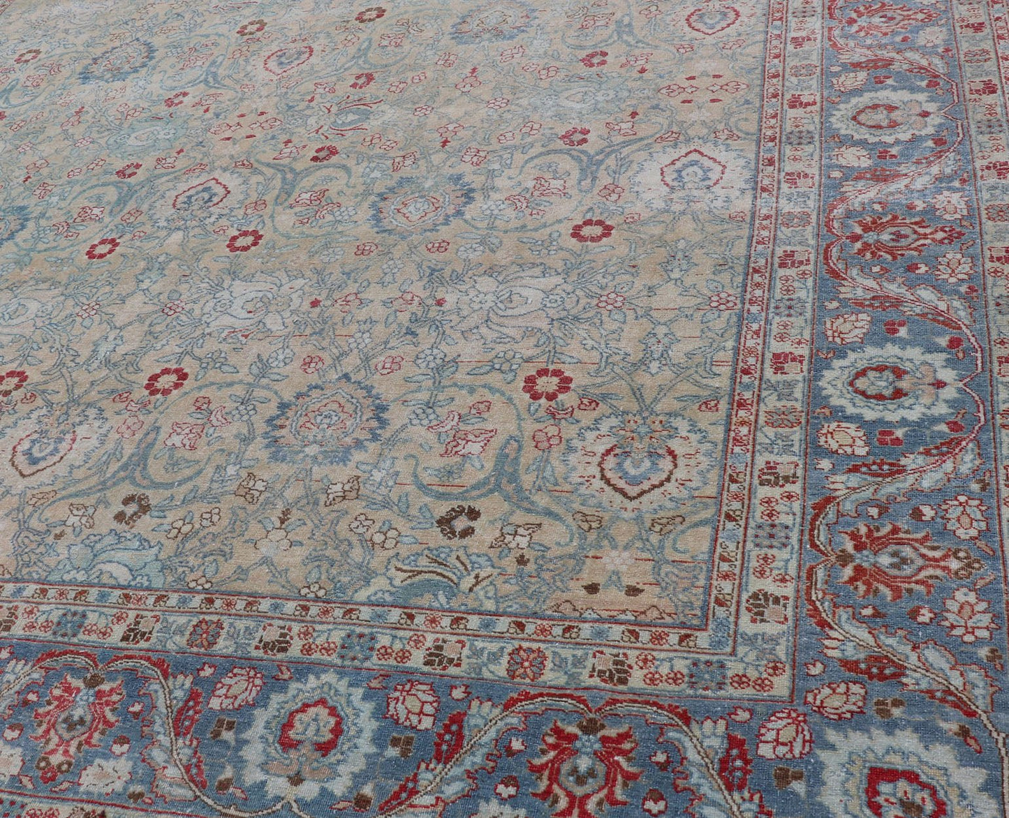 Antique Persian Khorassan Rug with Floral Design in Honey Cream & Dusty Blue. Finely woven Antique Persian Khorassan Rug with floral motifs and Vining Flowers Keivan Woven Arts rug/EMB - 9555 - P13061, origin/Iran, Circa/ 1920 Measures: 9 x ... - Keivan Woven ArtsEMB - 9555 - P13061 - 14862Rug