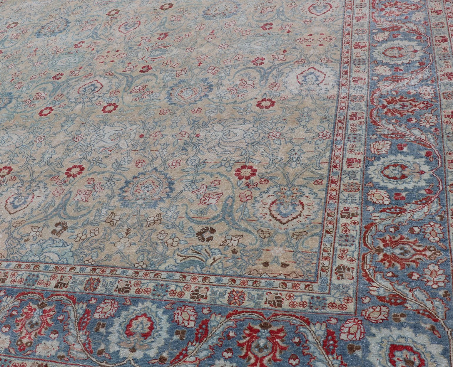 Antique Persian Khorassan Rug with Floral Design in Honey Cream & Dusty Blue. Finely woven Antique Persian Khorassan Rug with floral motifs and Vining Flowers Keivan Woven Arts rug/EMB - 9555 - P13061, origin/Iran, Circa/ 1920 Measures: 9 x ... - Keivan Woven ArtsEMB - 9555 - P13061 - 14862Rug