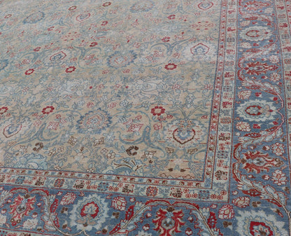 Antique Persian Khorassan Rug with Floral Design in Honey Cream & Dusty Blue. Finely woven Antique Persian Khorassan Rug with floral motifs and Vining Flowers Keivan Woven Arts rug/EMB - 9555 - P13061, origin/Iran, Circa/ 1920 Measures: 9 x ... - Keivan Woven ArtsEMB - 9555 - P13061 - 14862Rug