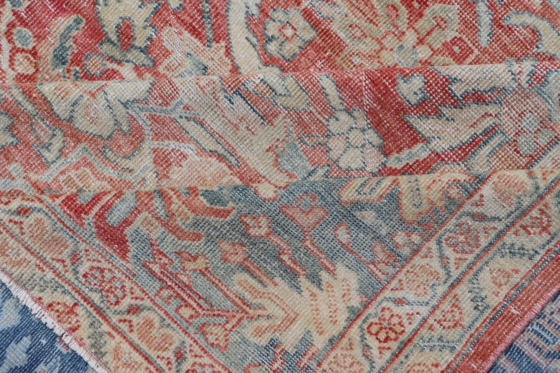 Distressed Hand Knotted Antique Persian Sultanabad Rug Faded Red and Blue Colors Distressed antique Persian Sultanabad rug in faded colors. Sultanabad Mahal antique rug from Persia with all - over geometric design, Keivan Woven Arts / rug EMB - 9558... - Keivan Woven ArtsEMB - 9558 - P13029 - 14874Rug