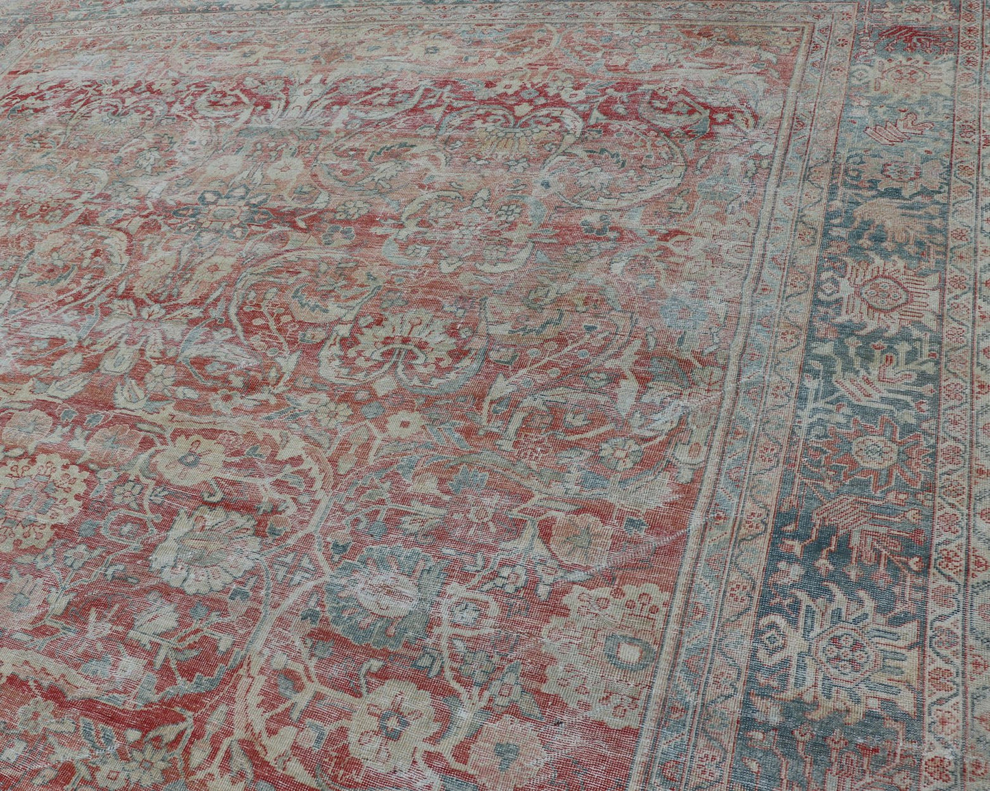 Distressed Hand Knotted Antique Persian Sultanabad Rug Faded Red and Blue Colors Distressed antique Persian Sultanabad rug in faded colors. Sultanabad Mahal antique rug from Persia with all - over geometric design, Keivan Woven Arts / rug EMB - 9558... - Keivan Woven ArtsEMB - 9558 - P13029 - 14874Rug