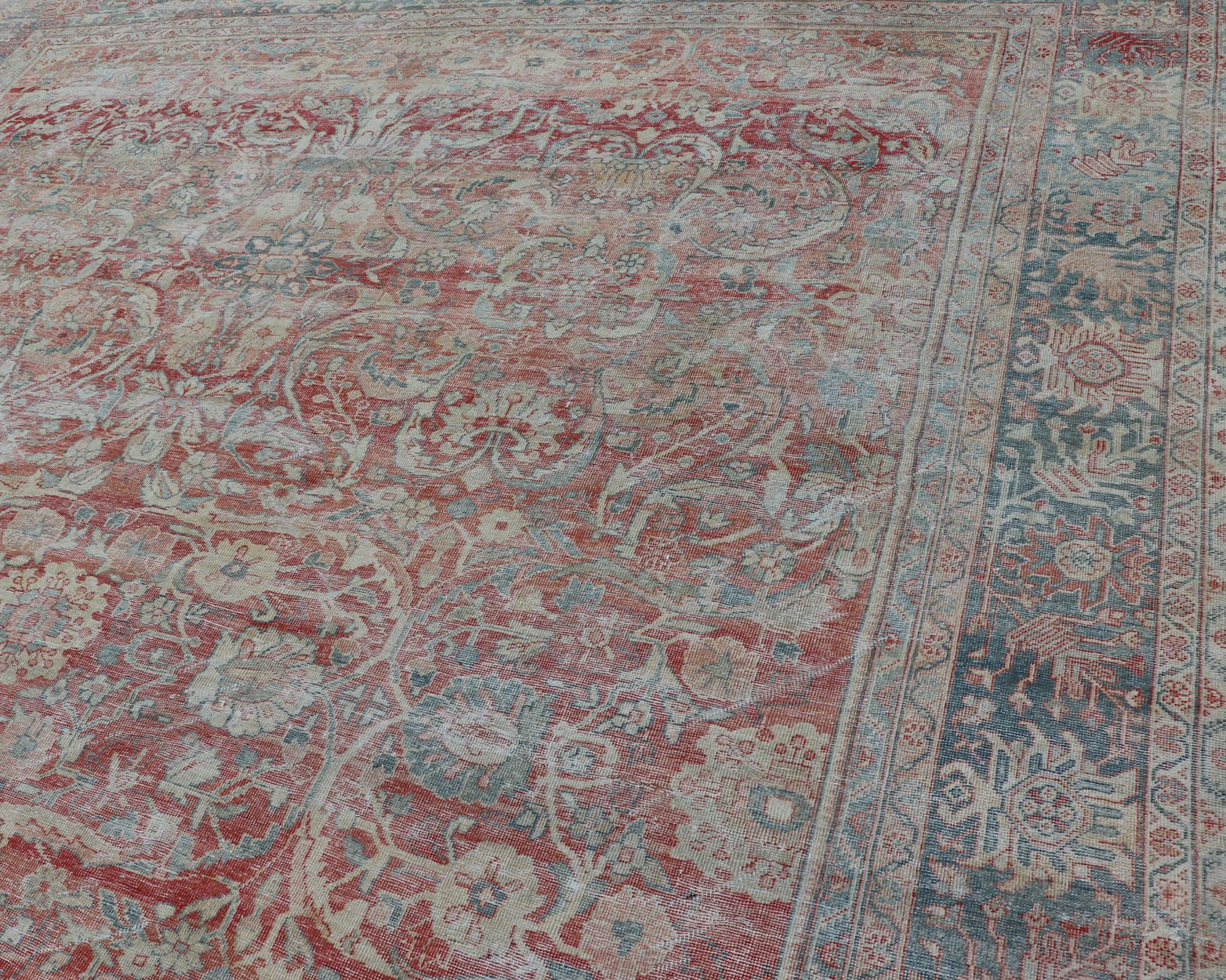 Distressed Hand Knotted Antique Persian Sultanabad Rug Faded Red and Blue Colors Distressed antique Persian Sultanabad rug in faded colors. Sultanabad Mahal antique rug from Persia with all - over geometric design, Keivan Woven Arts / rug EMB - 9558... - Keivan Woven ArtsEMB - 9558 - P13029 - 14874Rug