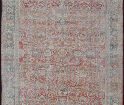 Distressed Hand Knotted Antique Persian Sultanabad Rug Faded Red and Blue Colors Distressed antique Persian Sultanabad rug in faded colors. Sultanabad Mahal antique rug from Persia with all - over geometric design, Keivan Woven Arts / rug EMB - 9558... - Keivan Woven ArtsEMB - 9558 - P13029 - 14874Rug