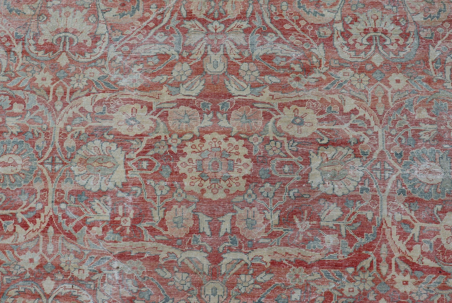 Distressed Hand Knotted Antique Persian Sultanabad Rug Faded Red and Blue Colors Distressed antique Persian Sultanabad rug in faded colors. Sultanabad Mahal antique rug from Persia with all - over geometric design, Keivan Woven Arts / rug EMB - 9558... - Keivan Woven ArtsEMB - 9558 - P13029 - 14874Rug