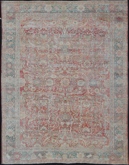 Distressed Hand Knotted Antique Persian Sultanabad Rug Faded Red and Blue Colors Distressed antique Persian Sultanabad rug in faded colors. Sultanabad Mahal antique rug from Persia with all - over geometric design, Keivan Woven Arts / rug EMB - 9558... - Keivan Woven ArtsEMB - 9558 - P13029 - 14874Rug