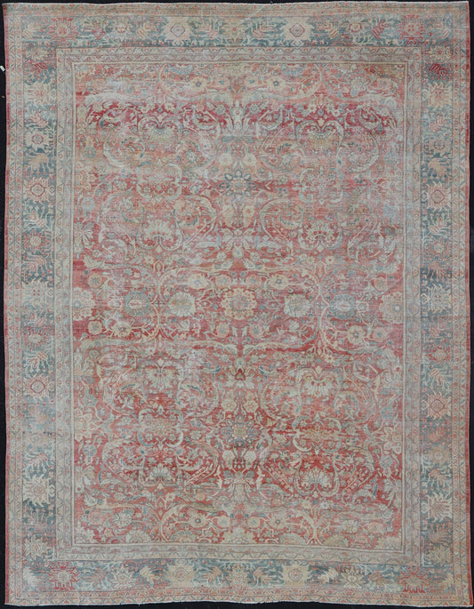 Distressed Hand Knotted Antique Persian Sultanabad Rug Faded Red and Blue Colors Distressed antique Persian Sultanabad rug in faded colors. Sultanabad Mahal antique rug from Persia with all - over geometric design, Keivan Woven Arts / rug EMB - 9558... - Keivan Woven ArtsEMB - 9558 - P13029 - 14874Rug