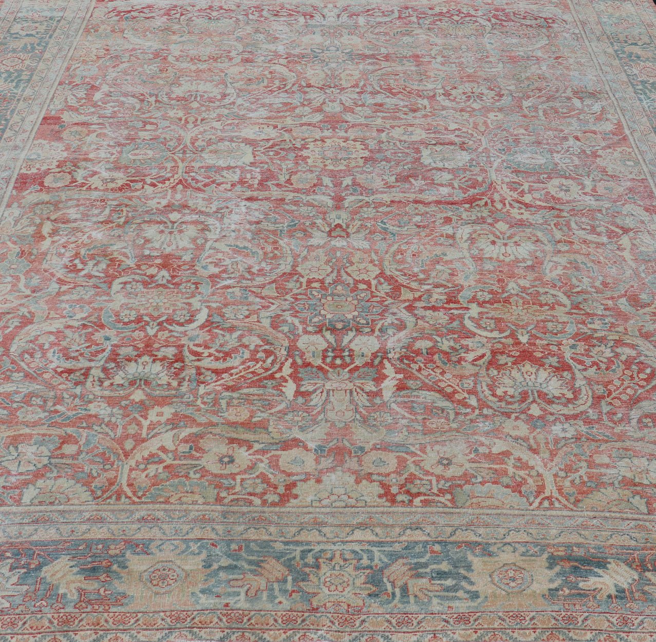 Distressed Hand Knotted Antique Persian Sultanabad Rug Faded Red and Blue Colors Distressed antique Persian Sultanabad rug in faded colors. Sultanabad Mahal antique rug from Persia with all - over geometric design, Keivan Woven Arts / rug EMB - 9558... - Keivan Woven ArtsEMB - 9558 - P13029 - 14874Rug
