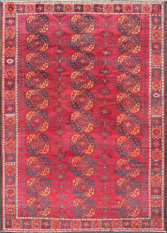 Antique Ersari Rug in Wool with Gul Design in Ivory, Blue, Red and Orange This Turkomen Ersari rug has been hand - knotted in the finest wool. The rug features an all - over repeating sub - geometric Gul design throughout the entirety of the rug, encl... - Keivan Woven ArtsEMB - 9559 - P13502 - 14880Rug