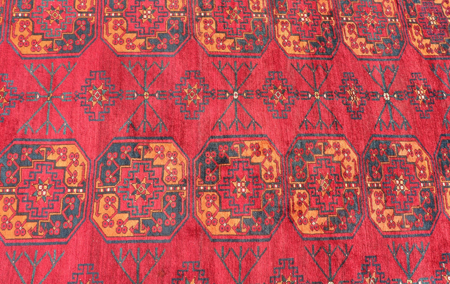 Antique Ersari Rug in Wool with Gul Design in Ivory, Blue, Red and Orange This Turkomen Ersari rug has been hand - knotted in the finest wool. The rug features an all - over repeating sub - geometric Gul design throughout the entirety of the rug, encl... - Keivan Woven ArtsEMB - 9559 - P13502 - 14880Rug