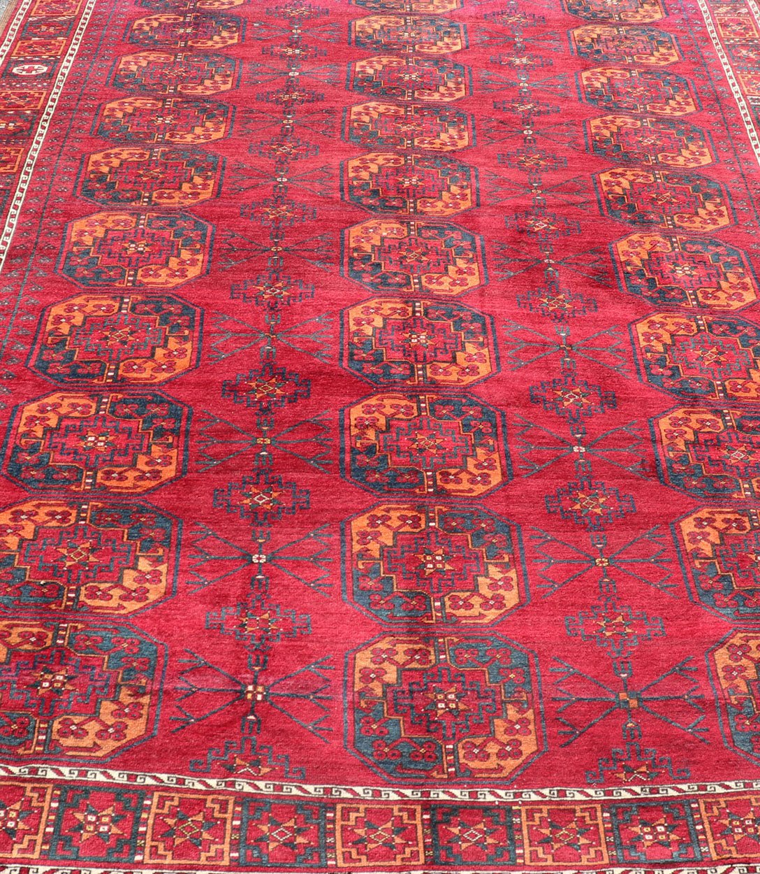 Antique Ersari Rug in Wool with Gul Design in Ivory, Blue, Red and Orange This Turkomen Ersari rug has been hand - knotted in the finest wool. The rug features an all - over repeating sub - geometric Gul design throughout the entirety of the rug, encl... - Keivan Woven ArtsEMB - 9559 - P13502 - 14880Rug