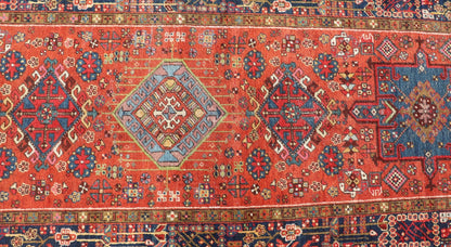 Very Long antique Persian Heriz runner with geometric medallion design in red, blue and colorful tones. Keivan Woven Arts / rug EMB - 9560 - P13076 , country of origin / type: Iran / Heriz, circa 1900 Measures:3'4 x 14'4 Antique Hand Knotted ... - Keivan Woven ArtsEMB - 9560 - P13076 - 14568Rug
