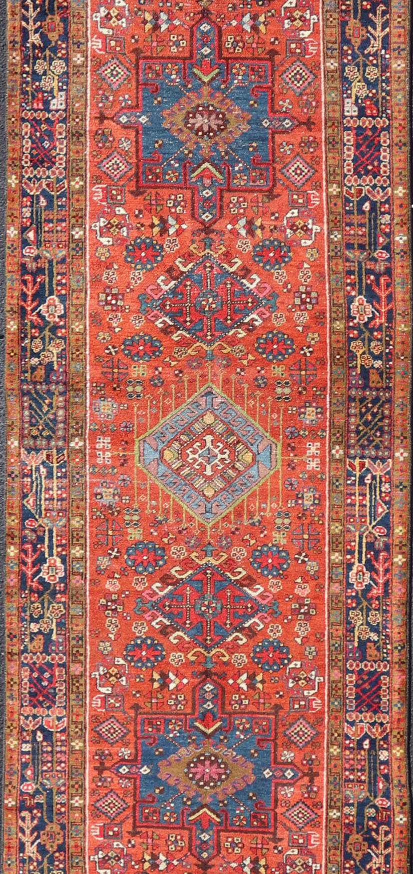 Very Long antique Persian Heriz runner with geometric medallion design in red, blue and colorful tones. Keivan Woven Arts / rug EMB - 9560 - P13076 , country of origin / type: Iran / Heriz, circa 1900 Measures:3'4 x 14'4 Antique Hand Knotted ... - Keivan Woven ArtsEMB - 9560 - P13076 - 14568Rug