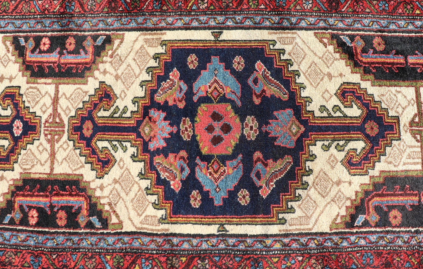 Antique Persian Serab Runner with Tri - Medallion Geometric Design on Cream Field. Keivan Woven Arts / rug EMB - 9561 - P13077, country of origin / type: Iran / Serab, circa 1920. This antique Persian Serab runner, circa 1910s, features a striking tri... - Keivan Woven ArtsEMB - 9561 - P13077 - 14898Rug