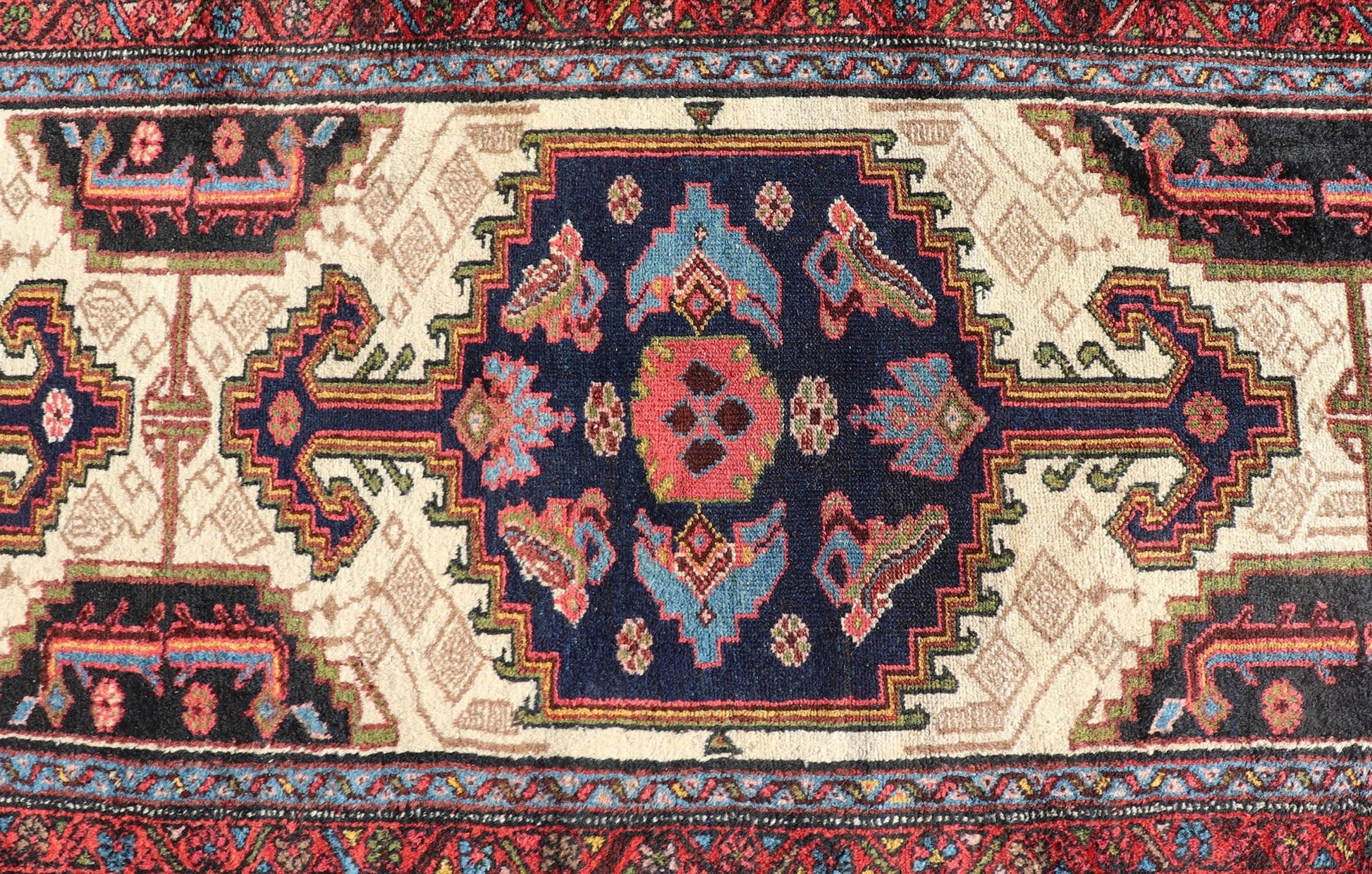 Antique Persian Serab Runner with Tri - Medallion Geometric Design on Cream Field. Keivan Woven Arts / rug EMB - 9561 - P13077, country of origin / type: Iran / Serab, circa 1920. This antique Persian Serab runner, circa 1910s, features a striking tri... - Keivan Woven ArtsEMB - 9561 - P13077 - 14898Rug