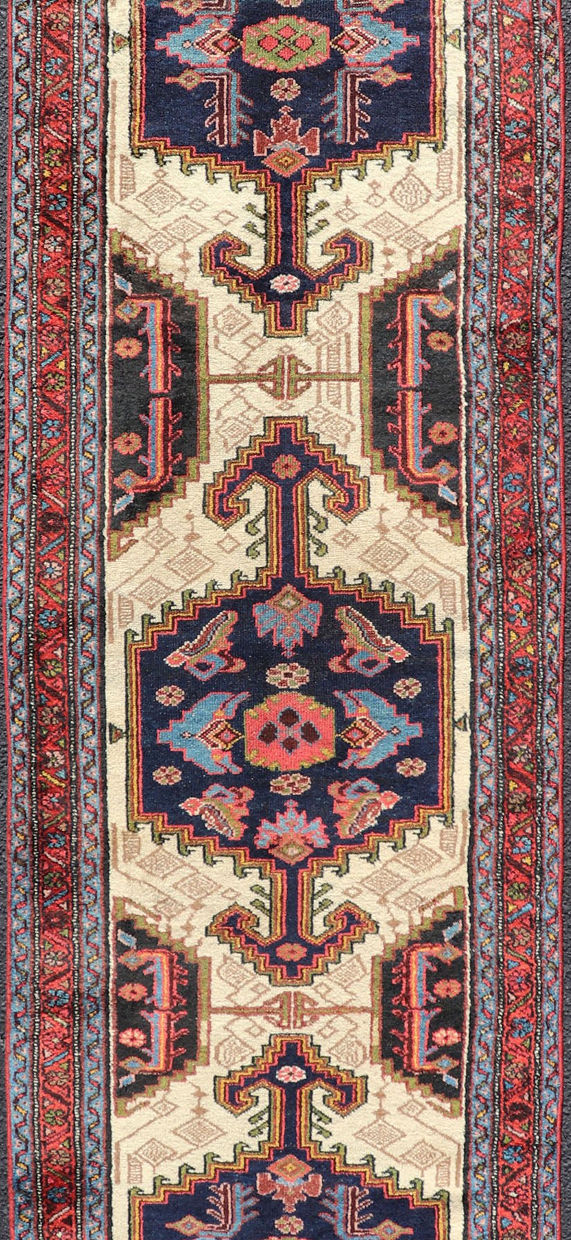 Antique Persian Serab Runner with Tri - Medallion Geometric Design on Cream Field. Keivan Woven Arts / rug EMB - 9561 - P13077, country of origin / type: Iran / Serab, circa 1920. This antique Persian Serab runner, circa 1910s, features a striking tri... - Keivan Woven ArtsEMB - 9561 - P13077 - 14898Rug