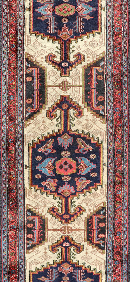 Antique Persian Serab Runner with Tri - Medallion Geometric Design on Cream Field. Keivan Woven Arts / rug EMB - 9561 - P13077, country of origin / type: Iran / Serab, circa 1920. This antique Persian Serab runner, circa 1910s, features a striking tri... - Keivan Woven ArtsEMB - 9561 - P13077 - 14898Rug