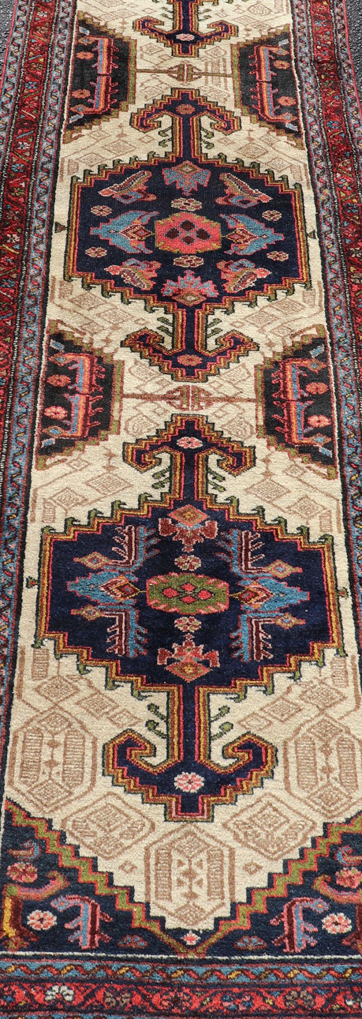 Antique Persian Serab Runner with Tri - Medallion Geometric Design on Cream Field. Keivan Woven Arts / rug EMB - 9561 - P13077, country of origin / type: Iran / Serab, circa 1920. This antique Persian Serab runner, circa 1910s, features a striking tri... - Keivan Woven ArtsEMB - 9561 - P13077 - 14898Rug
