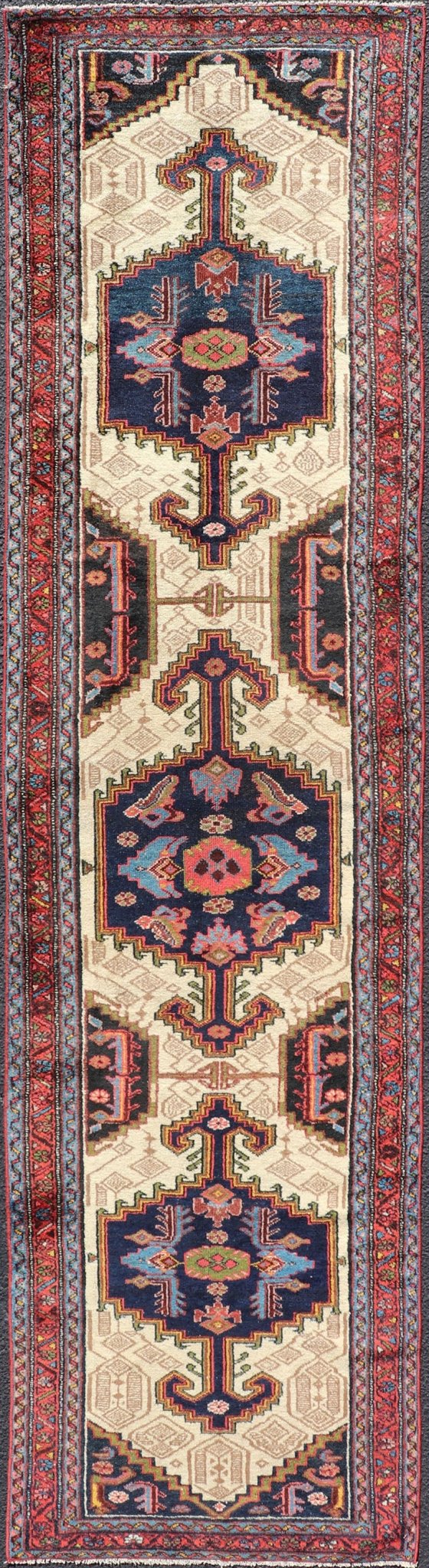 Antique Persian Serab Runner with Tri - Medallion Geometric Design on Cream Field. Keivan Woven Arts / rug EMB - 9561 - P13077, country of origin / type: Iran / Serab, circa 1920. This antique Persian Serab runner, circa 1910s, features a striking tri... - Keivan Woven ArtsEMB - 9561 - P13077 - 14898Rug