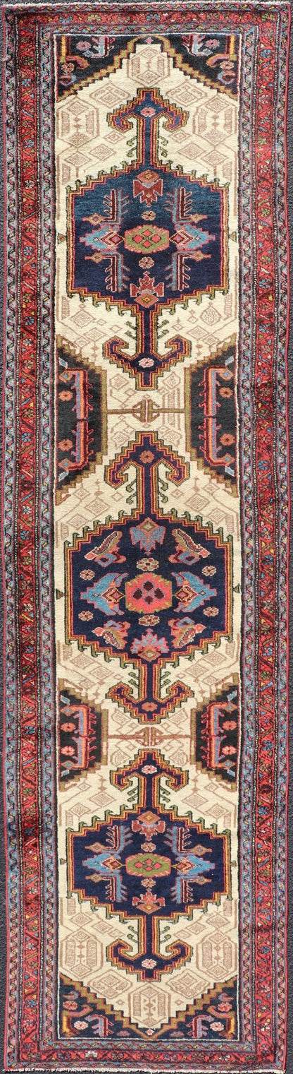 Antique Persian Serab Runner with Tri - Medallion Geometric Design on Cream Field. Keivan Woven Arts / rug EMB - 9561 - P13077, country of origin / type: Iran / Serab, circa 1920. This antique Persian Serab runner, circa 1910s, features a striking tri... - Keivan Woven ArtsEMB - 9561 - P13077 - 14898Rug