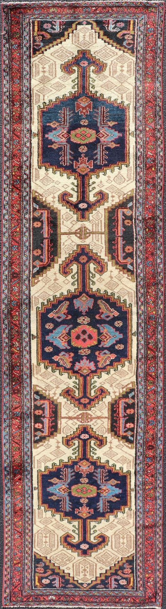 Antique Persian Serab Runner with Tri - Medallion Geometric Design on Cream Field. Keivan Woven Arts / rug EMB - 9561 - P13077, country of origin / type: Iran / Serab, circa 1920. This antique Persian Serab runner, circa 1910s, features a striking tri... - Keivan Woven ArtsEMB - 9561 - P13077 - 14898Rug