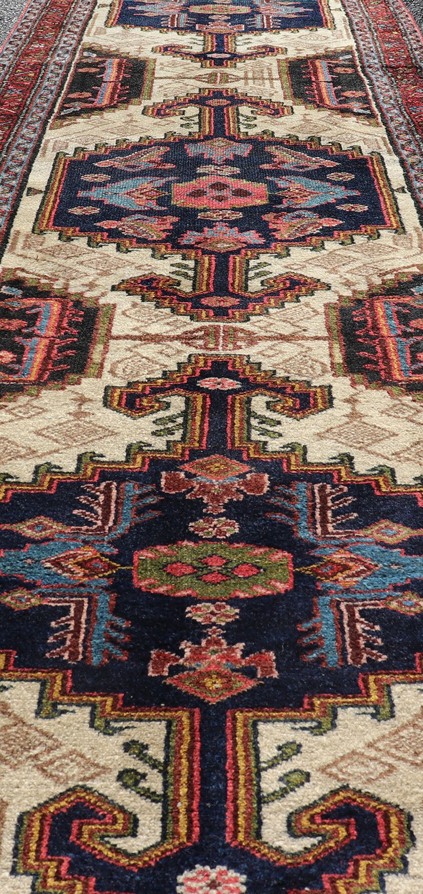 Antique Persian Serab Runner with Tri - Medallion Geometric Design on Cream Field. Keivan Woven Arts / rug EMB - 9561 - P13077, country of origin / type: Iran / Serab, circa 1920. This antique Persian Serab runner, circa 1910s, features a striking tri... - Keivan Woven ArtsEMB - 9561 - P13077 - 14898Rug