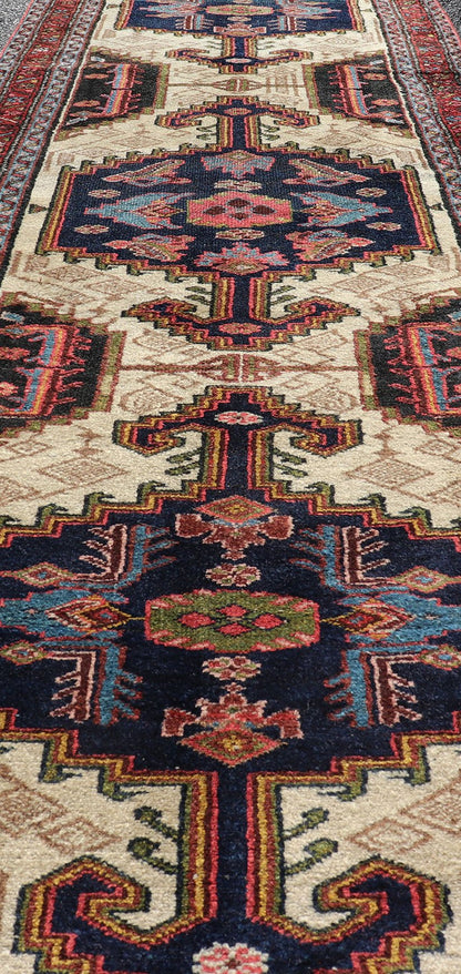 Antique Persian Serab Runner with Tri - Medallion Geometric Design on Cream Field. Keivan Woven Arts / rug EMB - 9561 - P13077, country of origin / type: Iran / Serab, circa 1920. This antique Persian Serab runner, circa 1910s, features a striking tri... - Keivan Woven ArtsEMB - 9561 - P13077 - 14898Rug