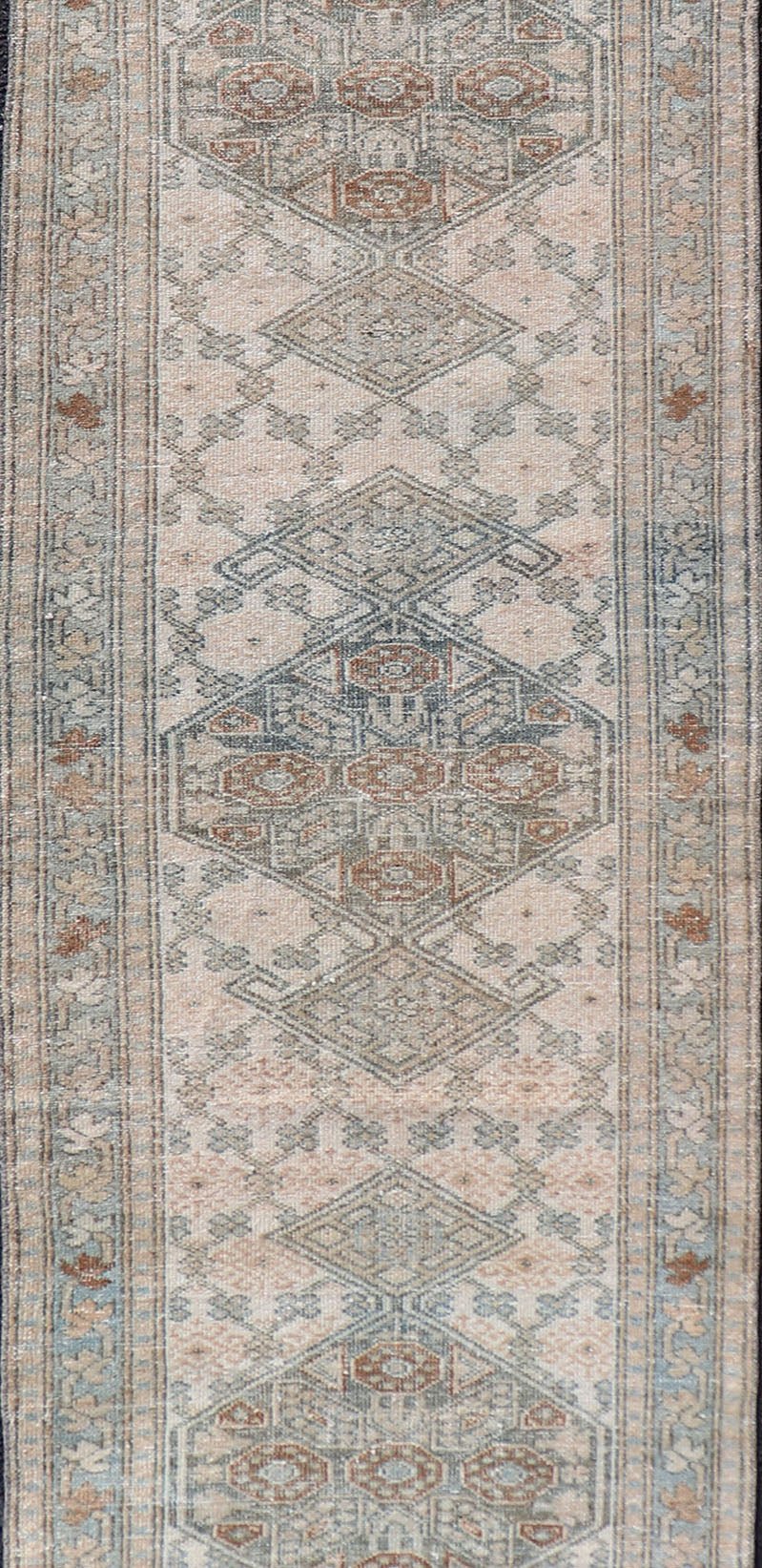 Measures: 2'5 x 9'1 Antique Persian Sarab Runner with Sub - Geometric Design in Light Blue, Tan, Grey. Antique Sarab Runner, rug EMB - 9562 - 13535; Keivan Woven Arts, country of origin / type: Persian / Sarab, circa 1920. This antique hand - knotte... - Keivan Woven ArtsEMB - 9562 - 13535 - 14904