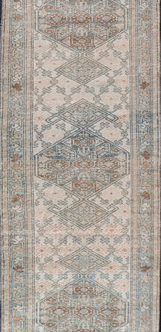 Measures: 2'5 x 9'1 Antique Persian Sarab Runner with Sub - Geometric Design in Light Blue, Tan, Grey. Antique Sarab Runner, rug EMB - 9562 - 13535; Keivan Woven Arts, country of origin / type: Persian / Sarab, circa 1920. This antique hand - knotte... - Keivan Woven ArtsEMB - 9562 - 13535 - 14904