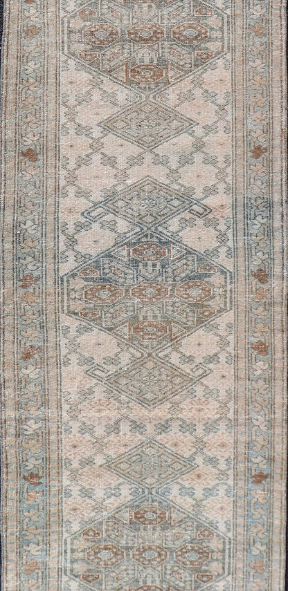 Measures: 2'5 x 9'1 Antique Persian Sarab Runner with Sub - Geometric Design in Light Blue, Tan, Grey. Antique Sarab Runner, rug EMB - 9562 - 13535; Keivan Woven Arts, country of origin / type: Persian / Sarab, circa 1920. This antique hand - knotte... - Keivan Woven ArtsEMB - 9562 - 13535 - 14904Rug