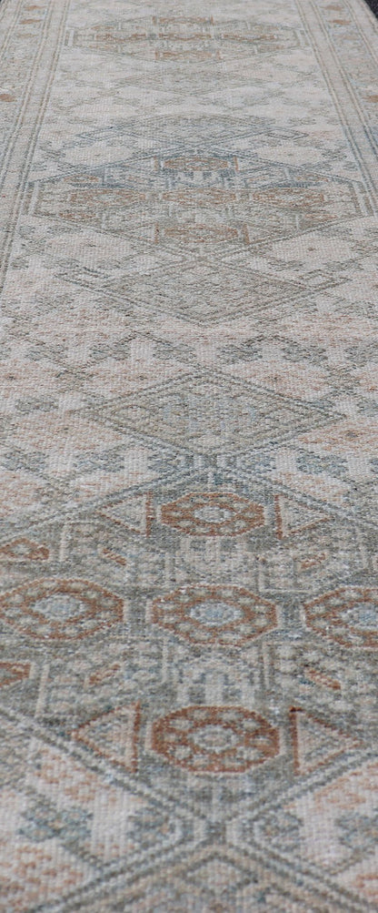 Measures: 2'5 x 9'1 Antique Persian Sarab Runner with Sub - Geometric Design in Light Blue, Tan, Grey. Antique Sarab Runner, rug EMB - 9562 - 13535; Keivan Woven Arts, country of origin / type: Persian / Sarab, circa 1920. This antique hand - knotte... - Keivan Woven ArtsEMB - 9562 - 13535 - 14904Rug