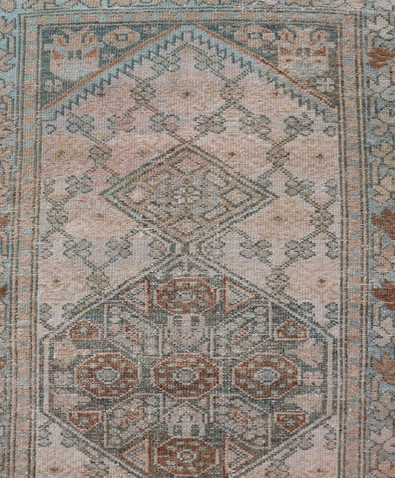 Measures: 2'5 x 9'1 Antique Persian Sarab Runner with Sub - Geometric Design in Light Blue, Tan, Grey. Antique Sarab Runner, rug EMB - 9562 - 13535; Keivan Woven Arts, country of origin / type: Persian / Sarab, circa 1920. This antique hand - knotte... - Keivan Woven ArtsEMB - 9562 - 13535 - 14904Rug