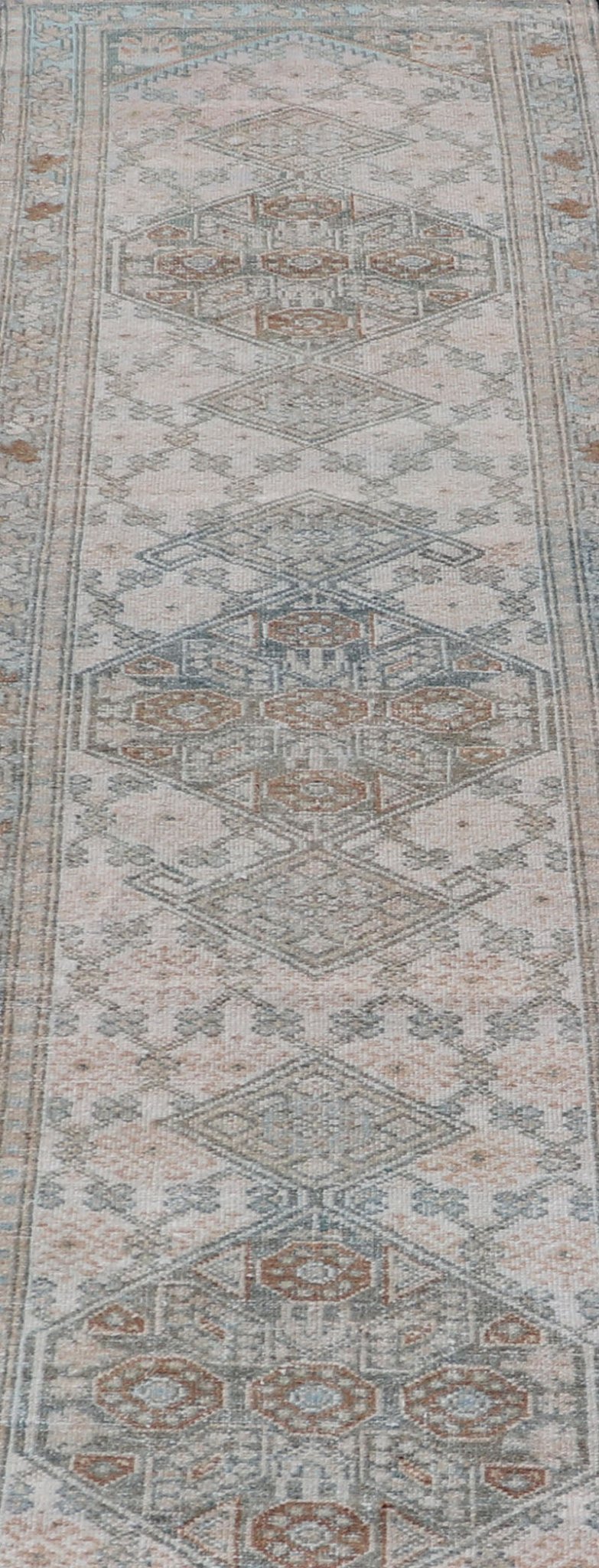 Measures: 2'5 x 9'1 Antique Persian Sarab Runner with Sub - Geometric Design in Light Blue, Tan, Grey. Antique Sarab Runner, rug EMB - 9562 - 13535; Keivan Woven Arts, country of origin / type: Persian / Sarab, circa 1920. This antique hand - knotte... - Keivan Woven ArtsEMB - 9562 - 13535 - 14904Rug