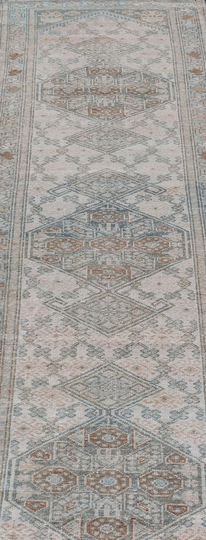 Measures: 2'5 x 9'1 Antique Persian Sarab Runner with Sub - Geometric Design in Light Blue, Tan, Grey. Antique Sarab Runner, rug EMB - 9562 - 13535; Keivan Woven Arts, country of origin / type: Persian / Sarab, circa 1920. This antique hand - knotte... - Keivan Woven ArtsEMB - 9562 - 13535 - 14904Rug