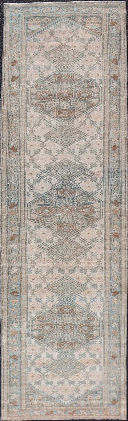 Measures: 2'5 x 9'1 Antique Persian Sarab Runner with Sub - Geometric Design in Light Blue, Tan, Grey. Antique Sarab Runner, rug EMB - 9562 - 13535; Keivan Woven Arts, country of origin / type: Persian / Sarab, circa 1920. This antique hand - knotte... - Keivan Woven ArtsEMB - 9562 - 13535 - 14904Rug