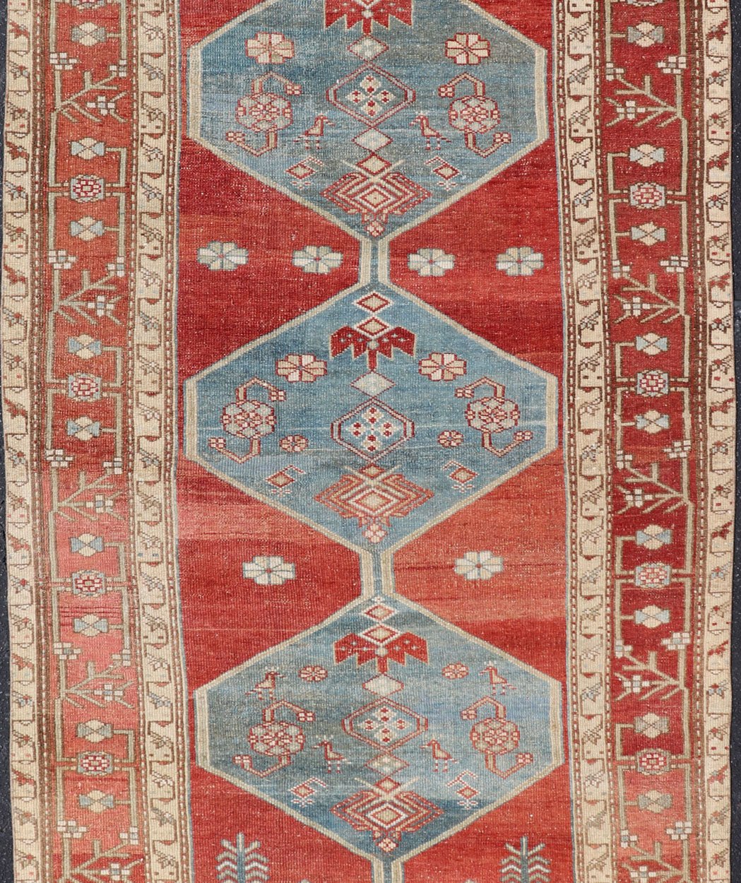 Antique Kurdish Medallion Gallery Runner in Red, Denim Blue, and Eggshell With brilliant design and vibrant colors, this Kurdish medallion - designed gallery runner features a bold burnt red, accompanied by a soft denim blue. Accent motifs of fawn... - Keivan Woven ArtsEMB - 9564 - P13082 - 14916Rug