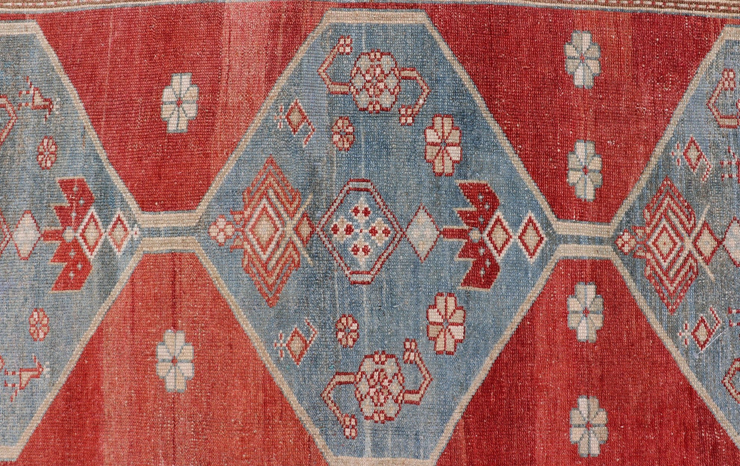 Antique Kurdish Medallion Gallery Runner in Red, Denim Blue, and Eggshell With brilliant design and vibrant colors, this Kurdish medallion - designed gallery runner features a bold burnt red, accompanied by a soft denim blue. Accent motifs of fawn... - Keivan Woven ArtsEMB - 9564 - P13082 - 14916Rug