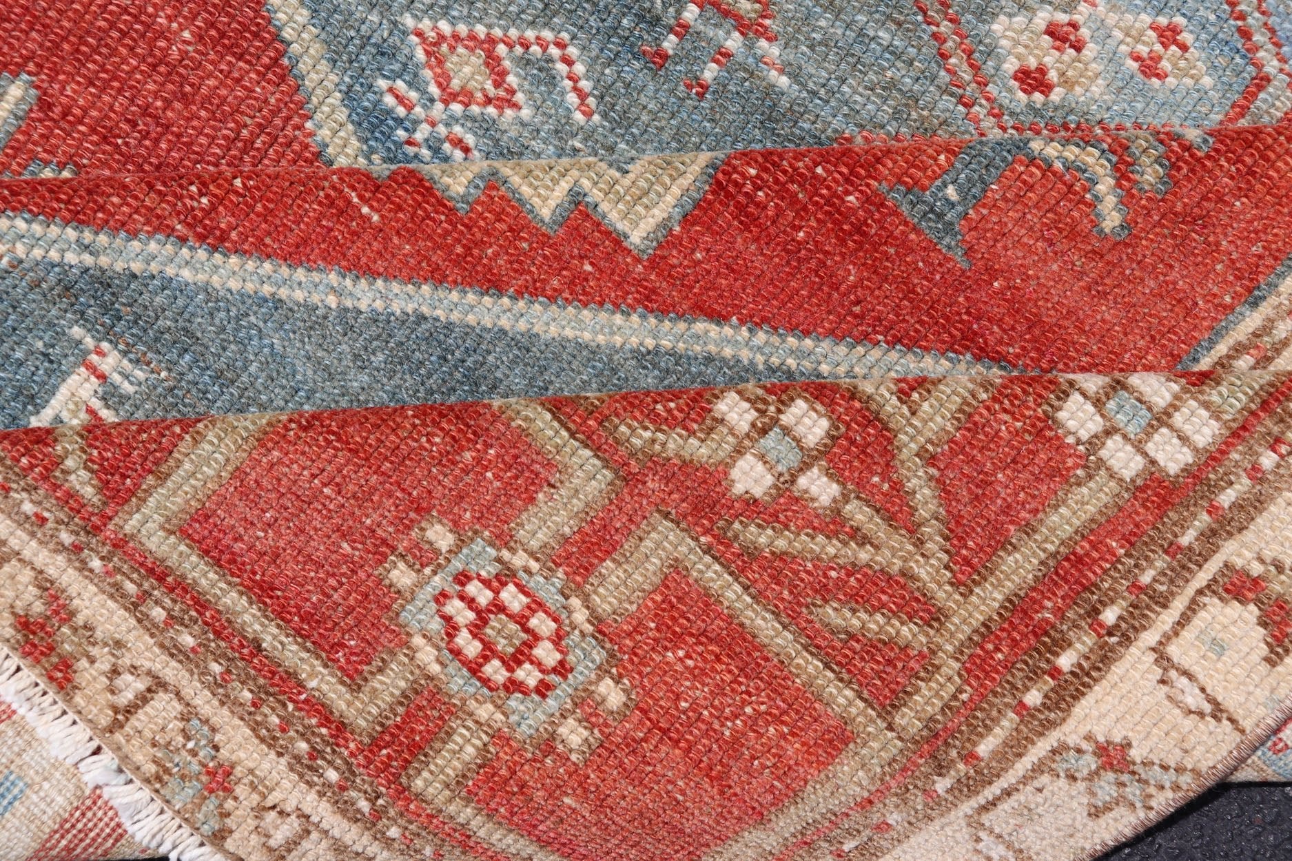 Antique Kurdish Medallion Gallery Runner in Red, Denim Blue, and Eggshell With brilliant design and vibrant colors, this Kurdish medallion - designed gallery runner features a bold burnt red, accompanied by a soft denim blue. Accent motifs of fawn... - Keivan Woven ArtsEMB - 9564 - P13082 - 14916Rug