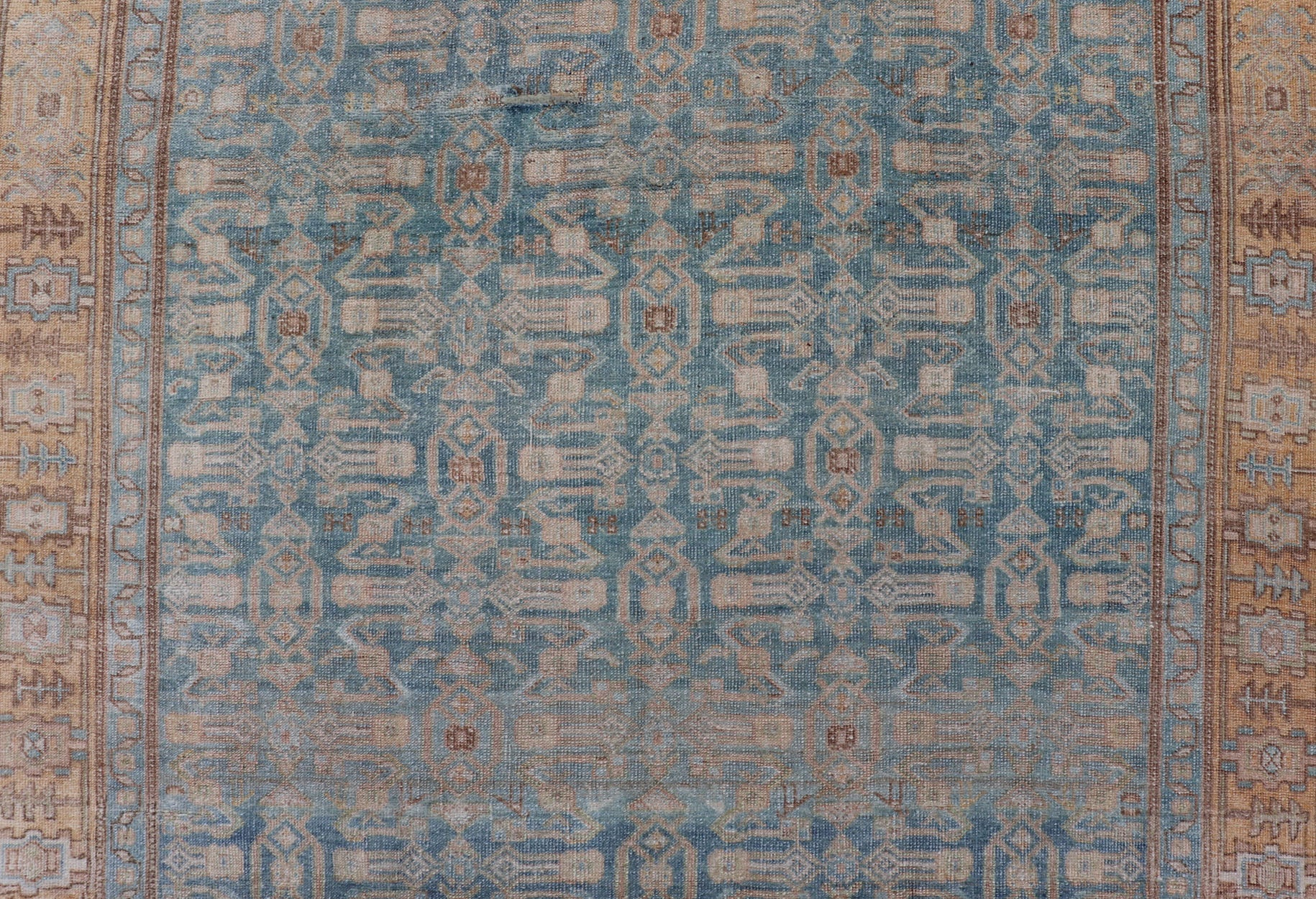 Antique Persian Bidjar Rug with All - Over Design in Light Blue and Orange Antique Persian rug in light blue, cream, orange, brown and neutral tones with geometric motifs, Keivan Woven Arts / rug EMB - 9565 - P13858, country of origin / type: Iran / B... - Keivan Woven ArtsEMB - 9565 - P13858 - 14922Rug