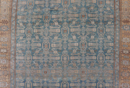 Antique Persian Bidjar Rug with All - Over Design in Light Blue and Orange Antique Persian rug in light blue, cream, orange, brown and neutral tones with geometric motifs, Keivan Woven Arts / rug EMB - 9565 - P13858, country of origin / type: Iran / B... - Keivan Woven ArtsEMB - 9565 - P13858 - 14922Rug