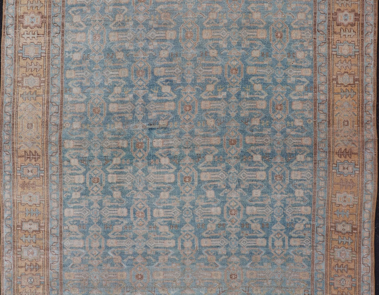 Antique Persian Bidjar Rug with All - Over Design in Light Blue and Orange Antique Persian rug in light blue, cream, orange, brown and neutral tones with geometric motifs, Keivan Woven Arts / rug EMB - 9565 - P13858, country of origin / type: Iran / B... - Keivan Woven ArtsEMB - 9565 - P13858 - 14922Rug