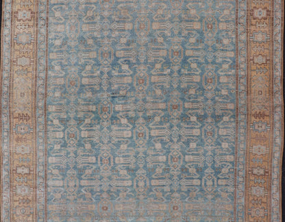 Antique Persian Bidjar Rug with All - Over Design in Light Blue and Orange Antique Persian rug in light blue, cream, orange, brown and neutral tones with geometric motifs, Keivan Woven Arts / rug EMB - 9565 - P13858, country of origin / type: Iran / B... - Keivan Woven ArtsEMB - 9565 - P13858 - 14922Rug