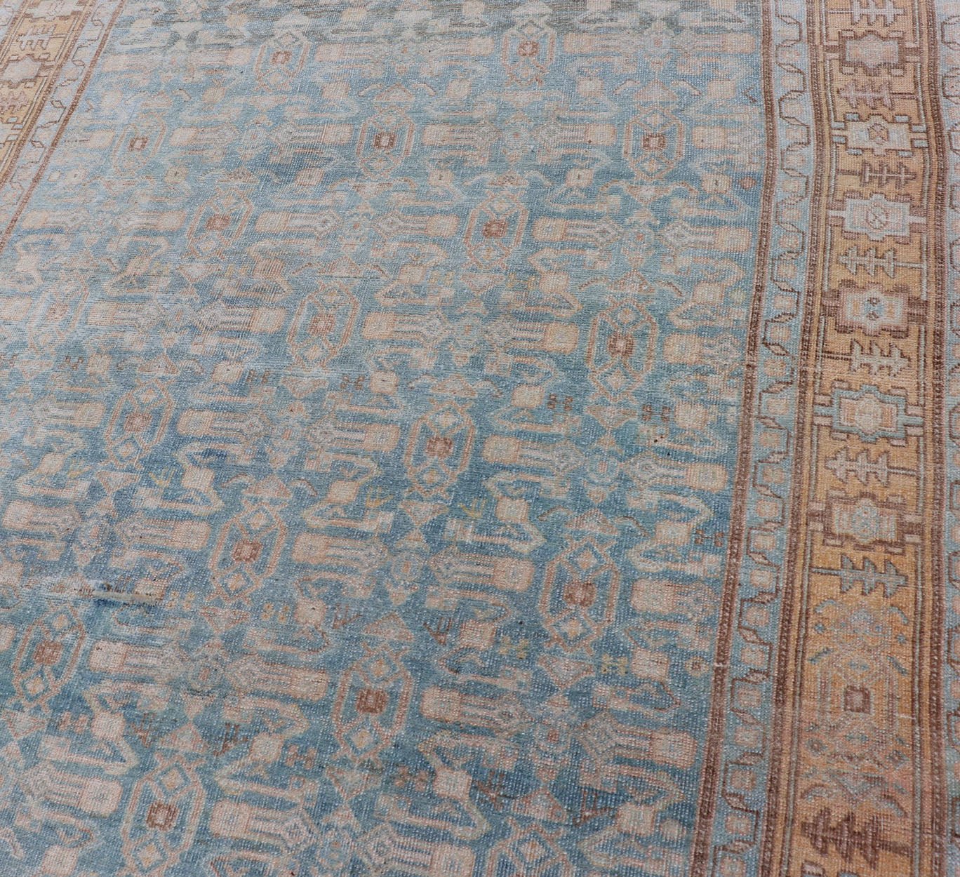 Antique Persian Bidjar Rug with All - Over Design in Light Blue and Orange Antique Persian rug in light blue, cream, orange, brown and neutral tones with geometric motifs, Keivan Woven Arts / rug EMB - 9565 - P13858, country of origin / type: Iran / B... - Keivan Woven ArtsEMB - 9565 - P13858 - 14922Rug