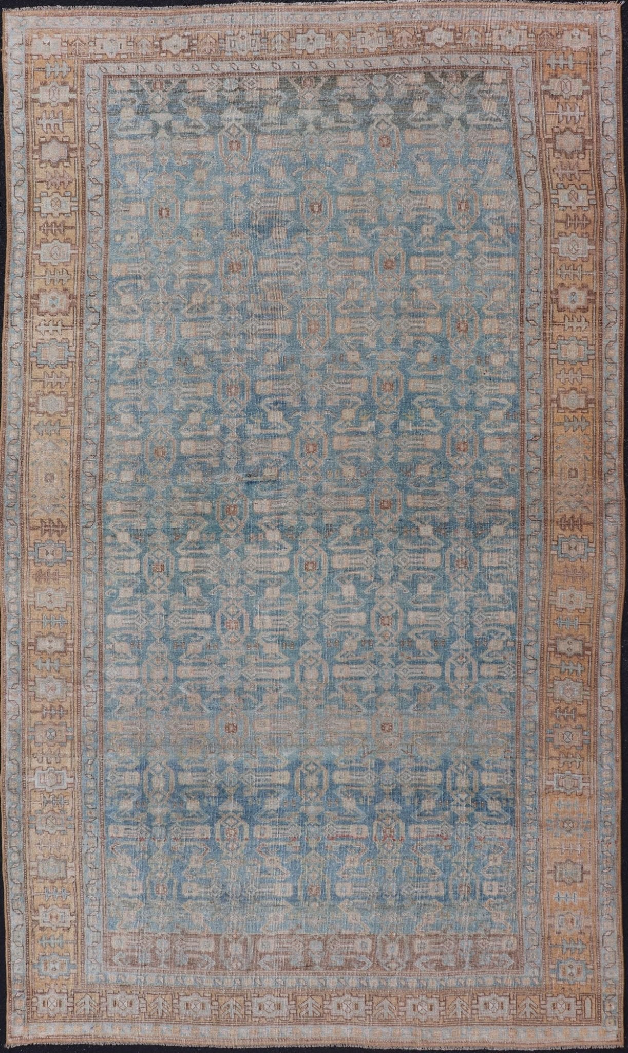 Antique Persian Bidjar Rug with All - Over Design in Light Blue and Orange Antique Persian rug in light blue, cream, orange, brown and neutral tones with geometric motifs, Keivan Woven Arts / rug EMB - 9565 - P13858, country of origin / type: Iran / B... - Keivan Woven ArtsEMB - 9565 - P13858 - 14922Rug